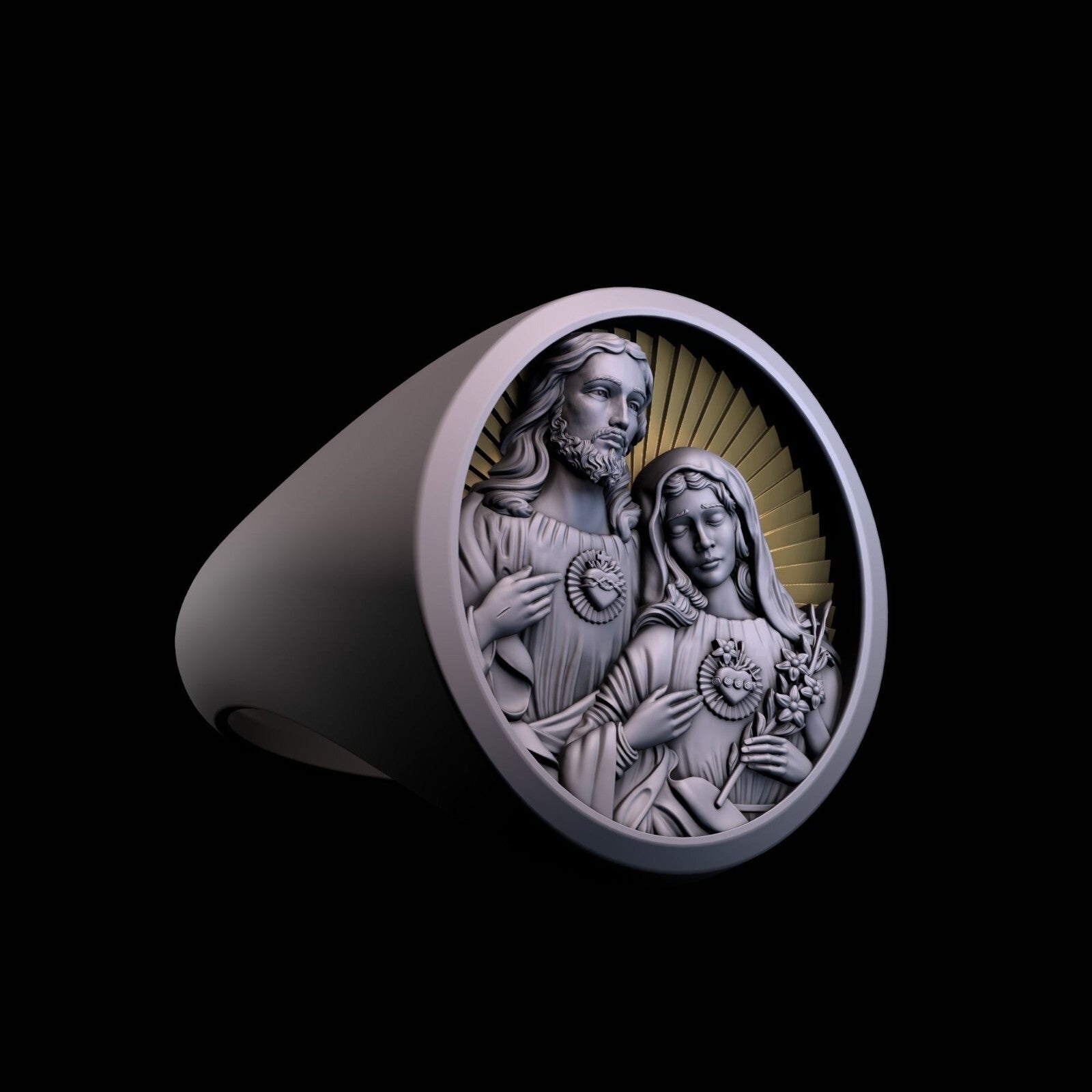 Mens Signet Ring Mother Mary Jesus Christ Sacred Heart US 7-15 Religious Jewelry