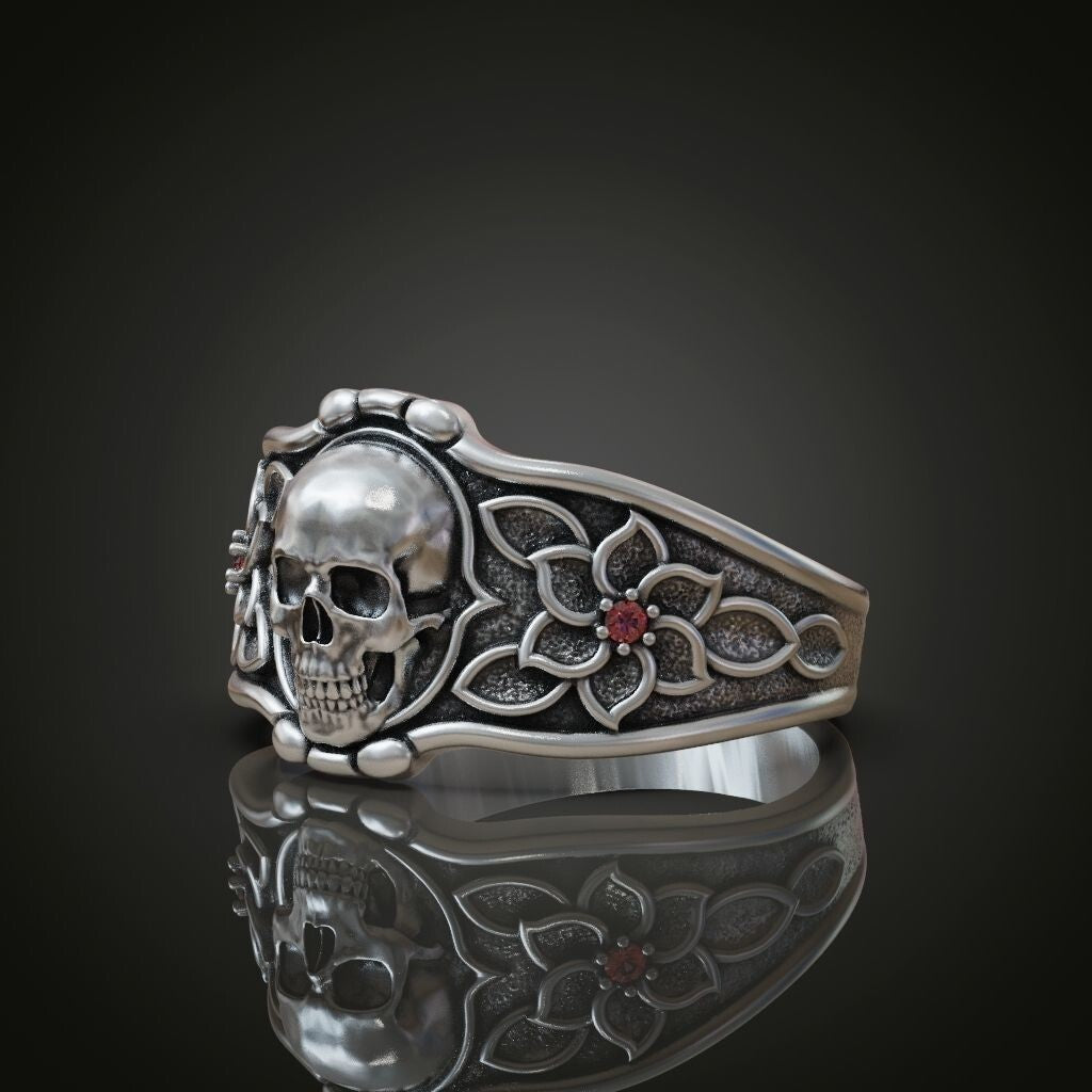 925 Sterling Silver Skull Flower Ring Handmade Biker Gothic Jewelry Ring US5 ~15