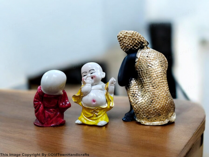 Divine Resting Buddha Idol with Two Child Monks Home Office Decor Gift Showpiece