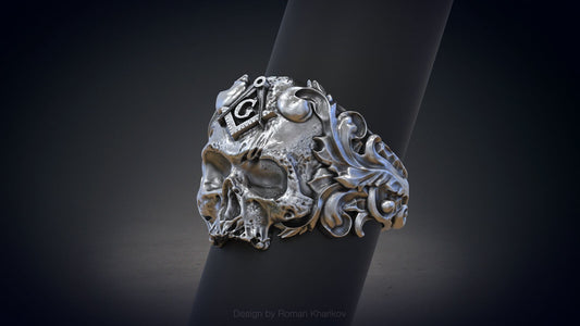 Silver Masonic Skull Ring US7-15 Solid Handmade Masonic Skull Ring For Men Women