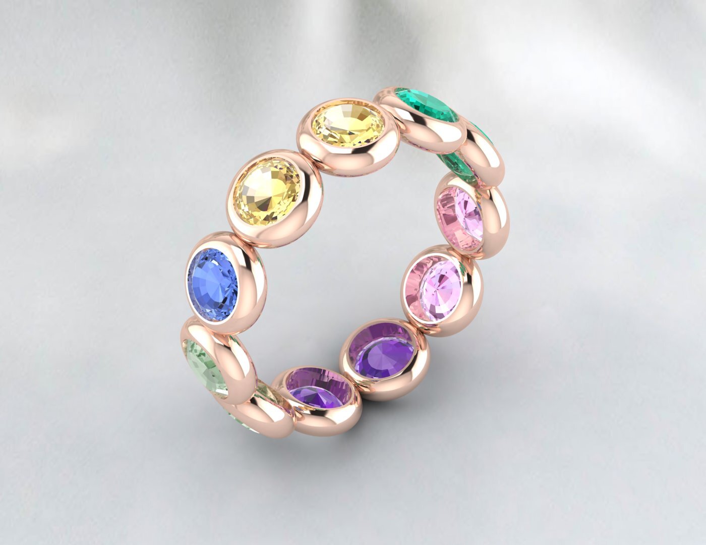 Natural Round Multi Gemstone Wedding Band Fine Silver Bezal Set Eternity Band