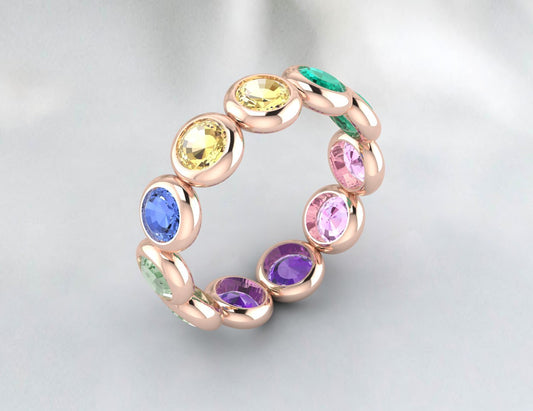 Natural Round Multi Gemstone Wedding Band Fine Silver Bezal Set Eternity Band