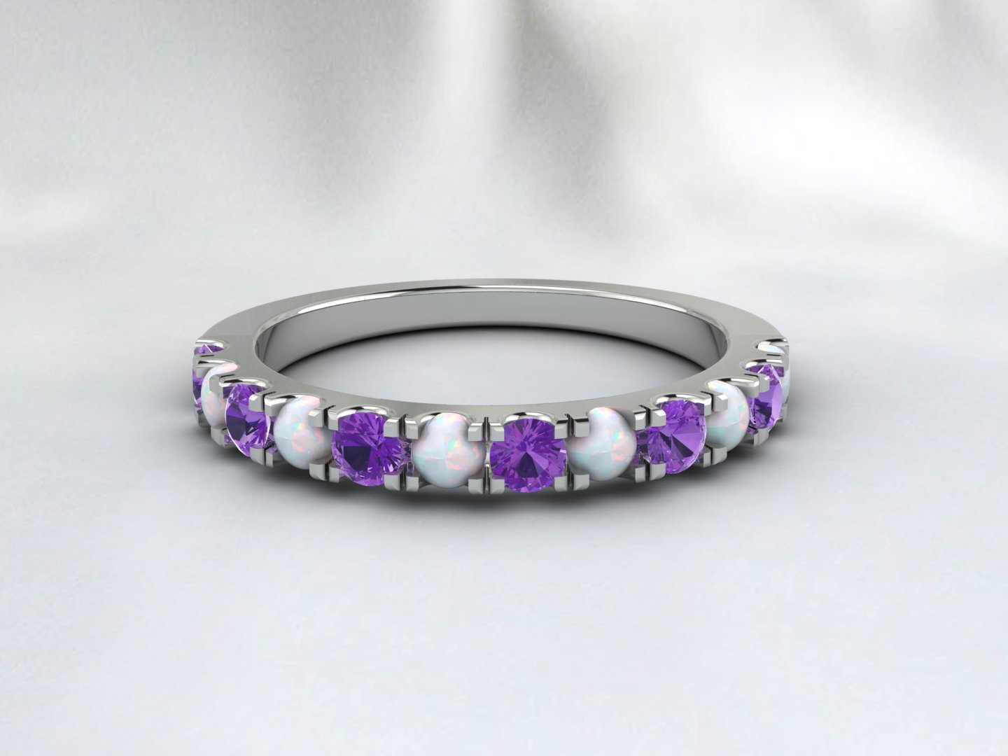 Natural Round Opal And Amethyst Half Eternity Band Fine Silver Wedding Band