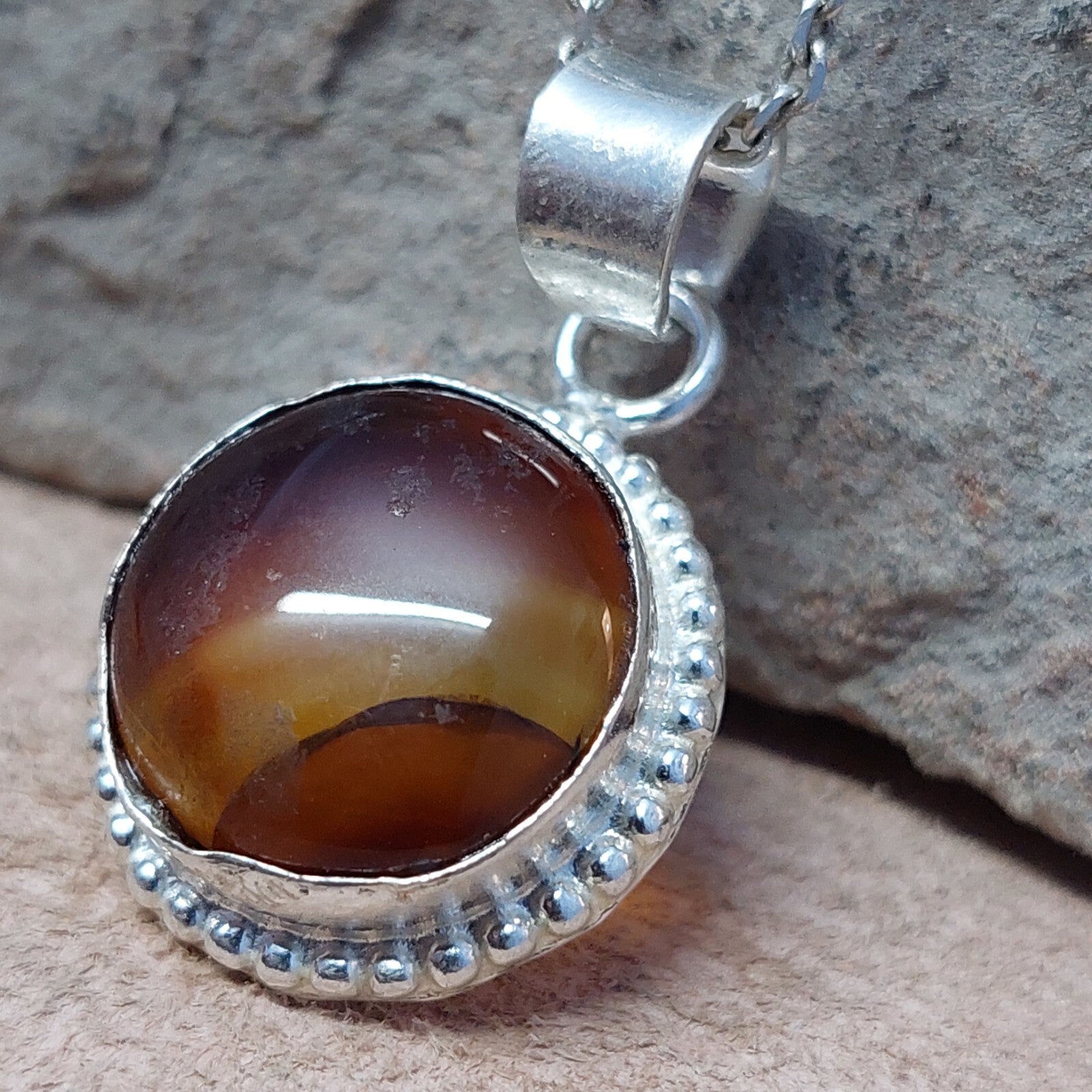 925 Sterling Silver Round Shape Brown Agate Pendant Only Pendant For Women