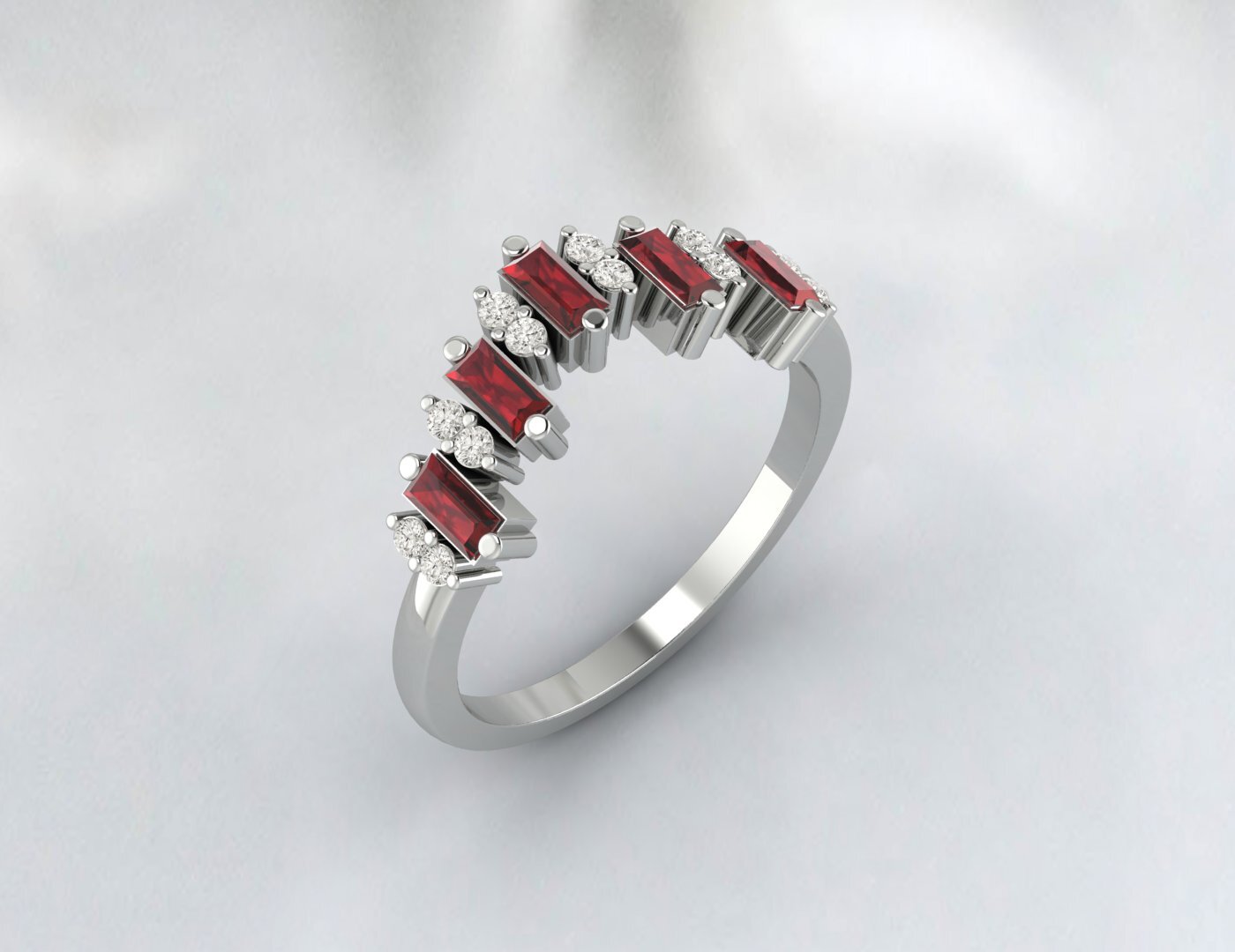 Natural Baguette Red Garnet Crown Wedding Band Fine Silver Daimond Stacking Band