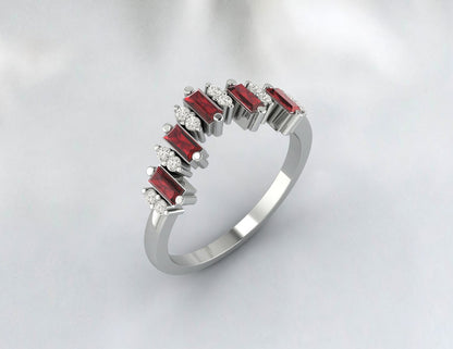 Natural Baguette Red Garnet Crown Wedding Band Fine Silver Daimond Stacking Band