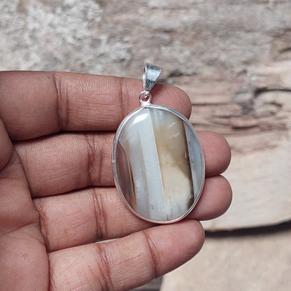 Oval Grey Banded Agate Pendant 925 Sterling Silver Perfect Gift For Anyone