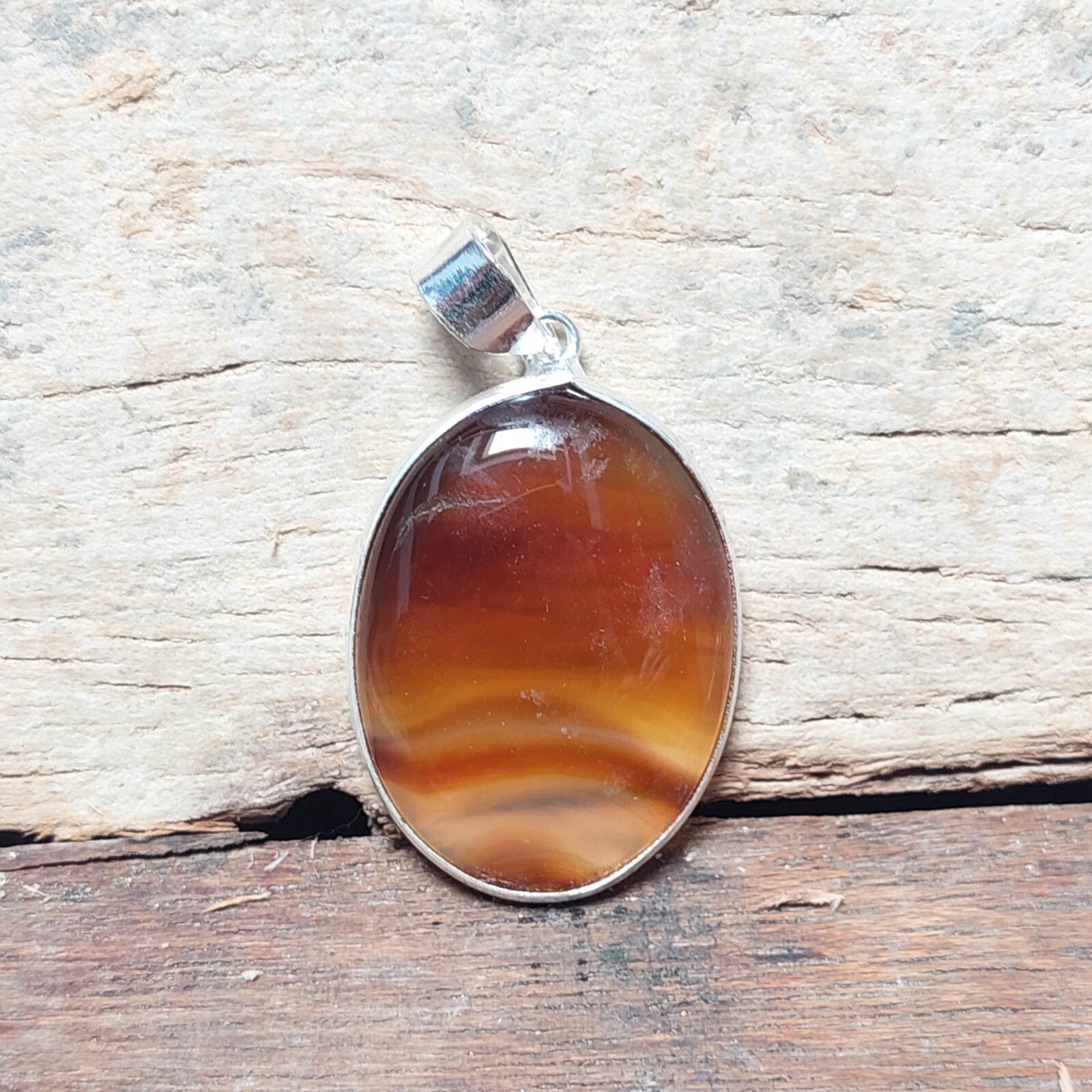 925 Sterling Silver Orange Banded Agate Slice Gemstone Pendant Necklace For Girl
