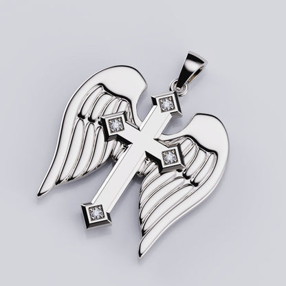 925 Sterling Silver Angel Wings Cross Pendant Archangel Michael Angel Wing Sword