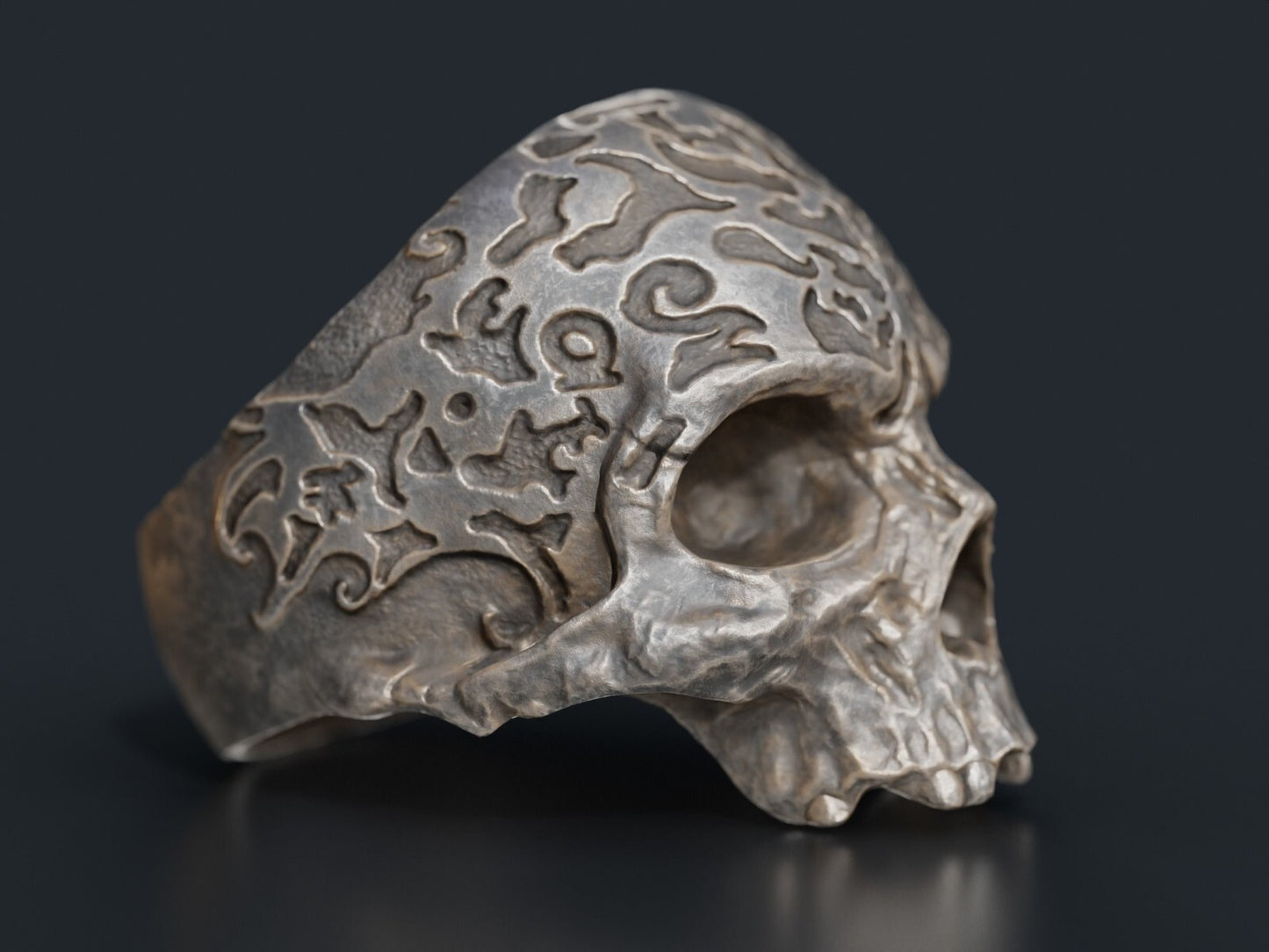 Retro Gothic Flower Carved Skull Ring Silver Skeleton Punk Signet Ring US5-15