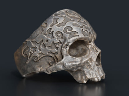 Retro Gothic Flower Carved Skull Ring Silver Skeleton Punk Signet Ring US5-15