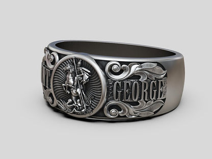 925 Silver St George Warrior Dragon Signet Ring Religious Men Women Ring US5-15