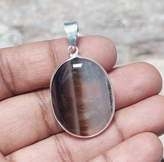 Brown Banded Agate Slice Crystal Pendant Necklace 925 Sterling Silver Women Gift
