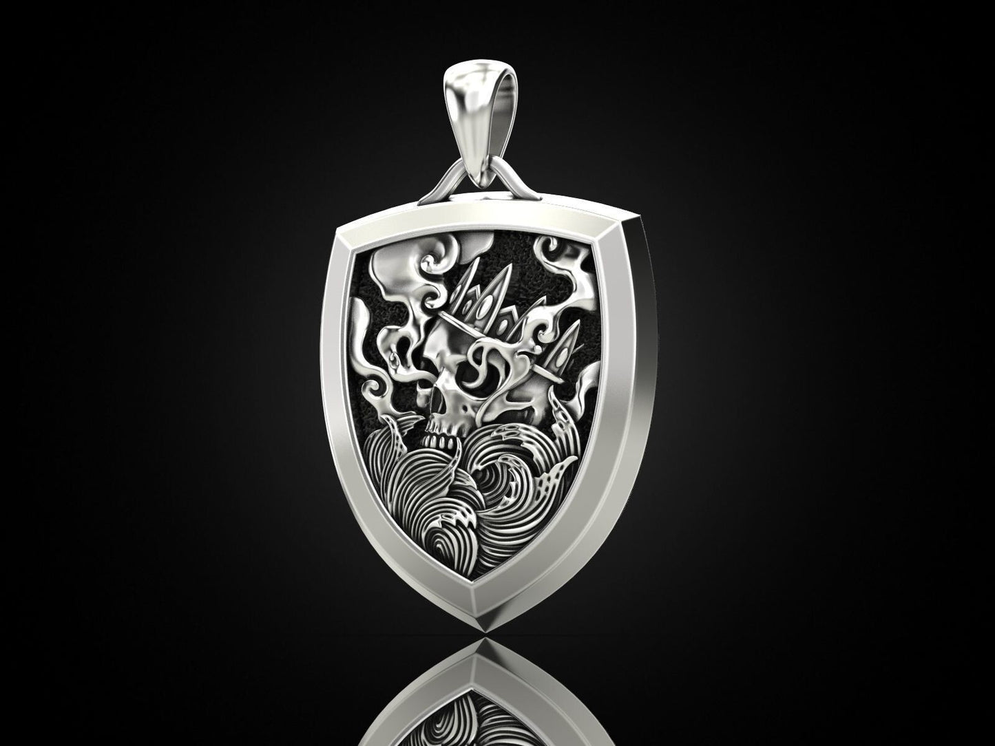 Skull Shield Pendant Men Gothic Silver King Skull With Crown Necklace Charm Gift