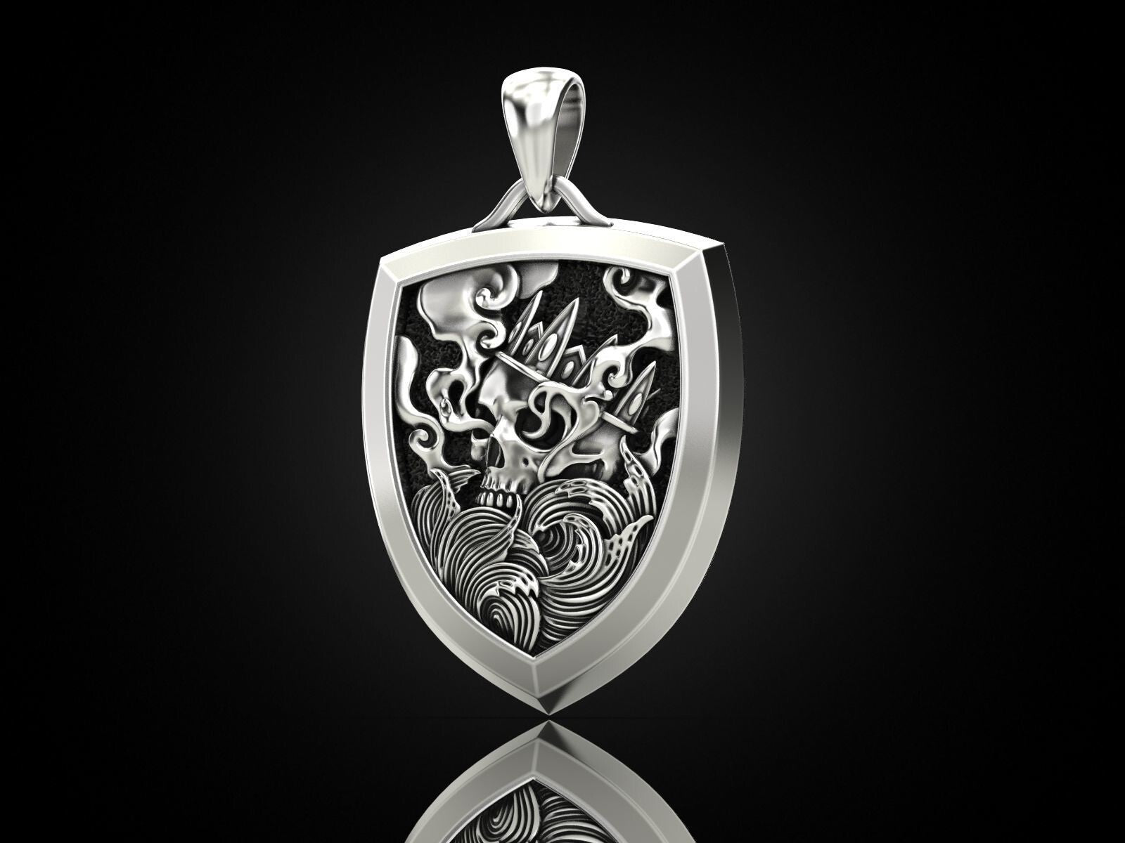 Skull Shield Pendant Men Gothic Silver King Skull With Crown Necklace Charm Gift
