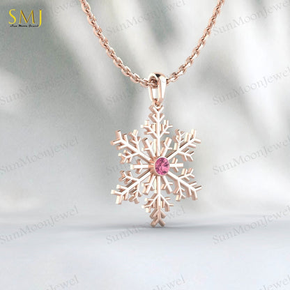 Pink Tourmaline Snowflake Necklace 925 Sterling Silver For Women Frozen Winter