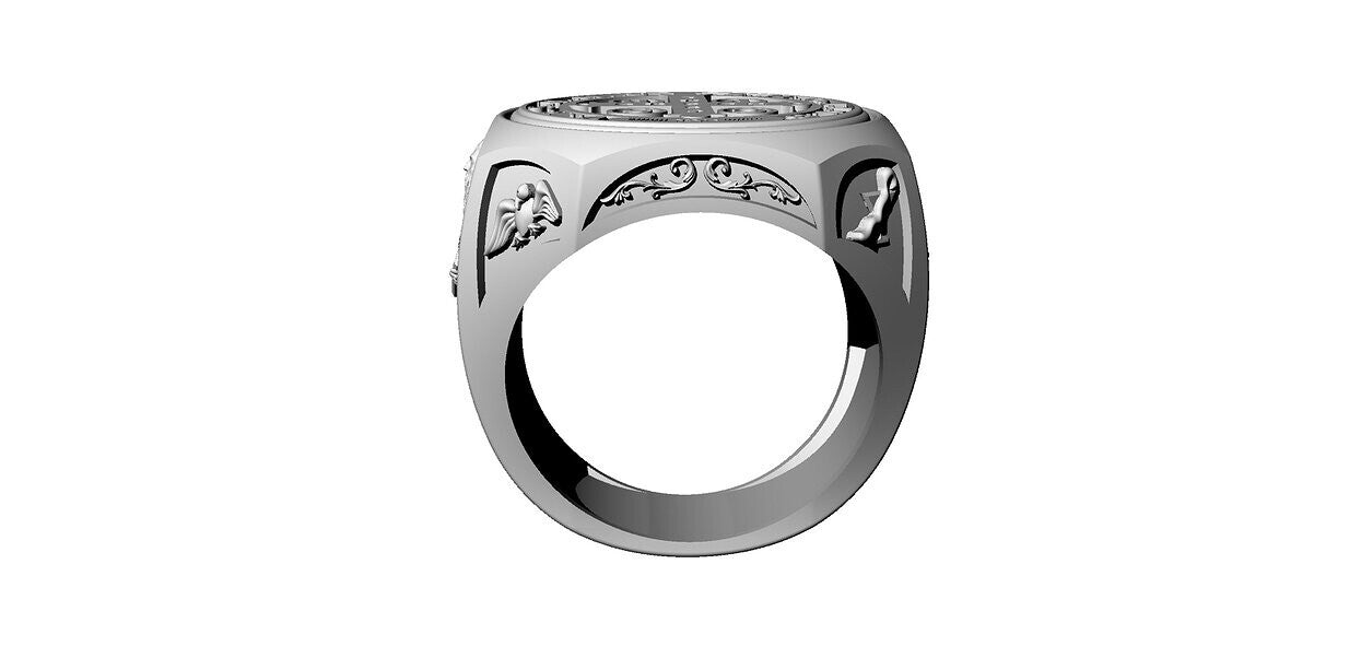 925 Sterling Silver Saint Benedict Medal Ring US5~15 Silver Tone Band Strap Ring