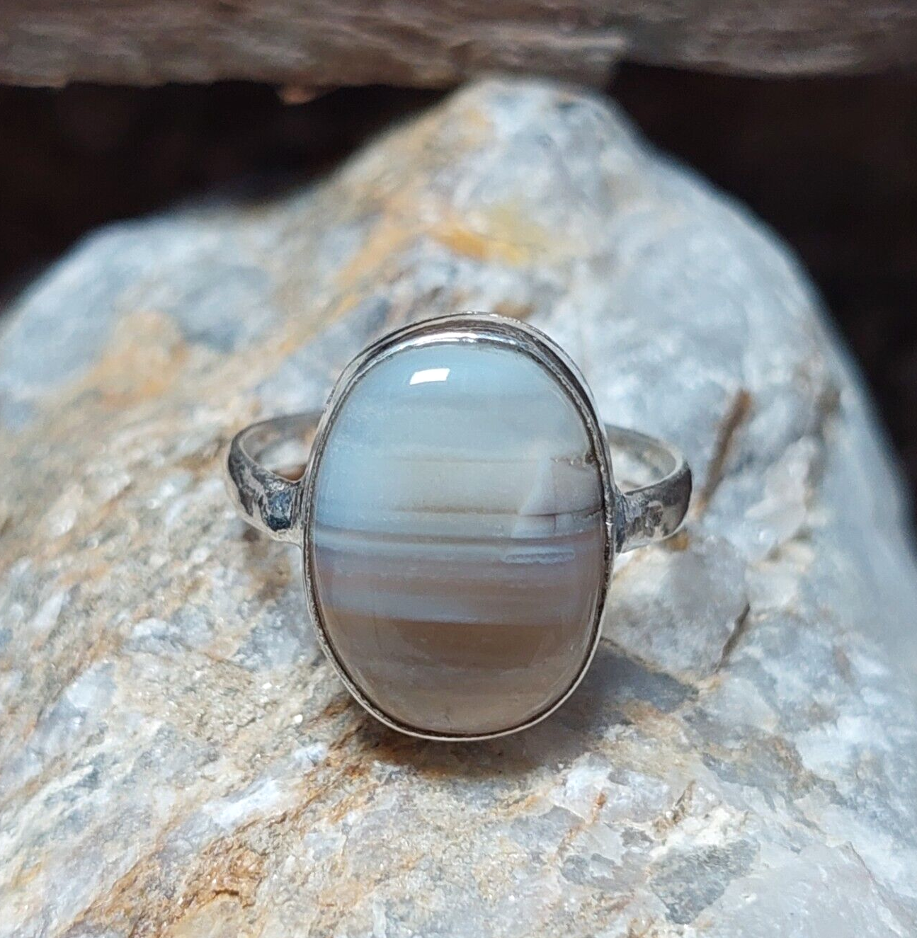 Natural Oval Grey Banded Agate 925 Sterling Silver Handmade Ring,Statement Ring