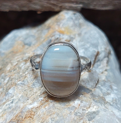 Natural Oval Grey Banded Agate 925 Sterling Silver Handmade Ring,Statement Ring