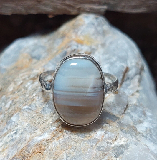 Natural Oval Grey Banded Agate 925 Sterling Silver Handmade Ring,Statement Ring