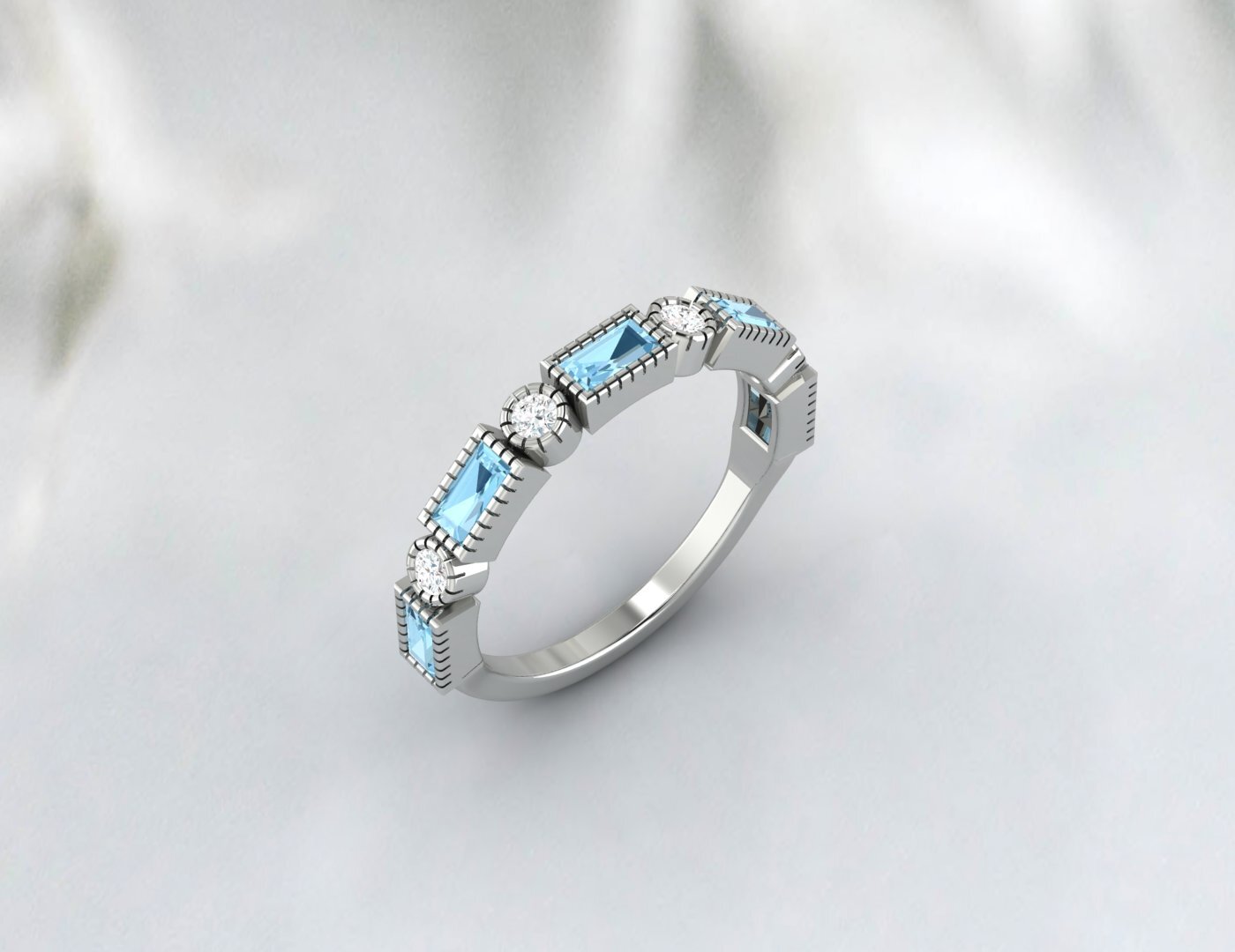 Natural Baguette Blue Aquamarine & Cubic Zirconia Half Eternity Fine Silver Band
