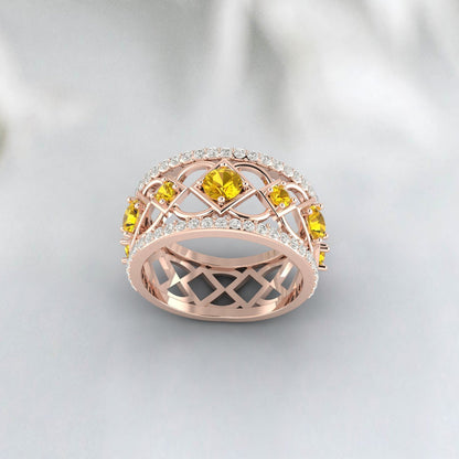 Natural Citrine Ring 925 Sterling Silver Rose Gold Wedding Band For Bride 