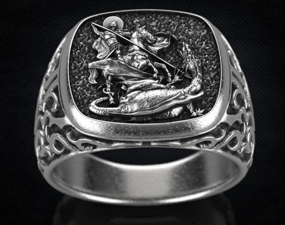 St Saint Michael Archangel Ring Sterling Silver Signet US5-15 Protection Unisex