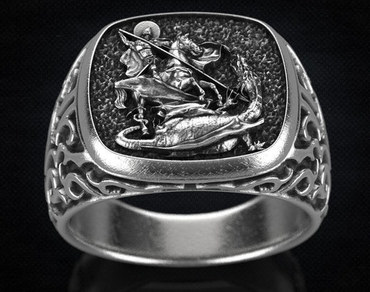 St Saint Michael Archangel Ring Sterling Silver Signet US5-15 Protection Unisex