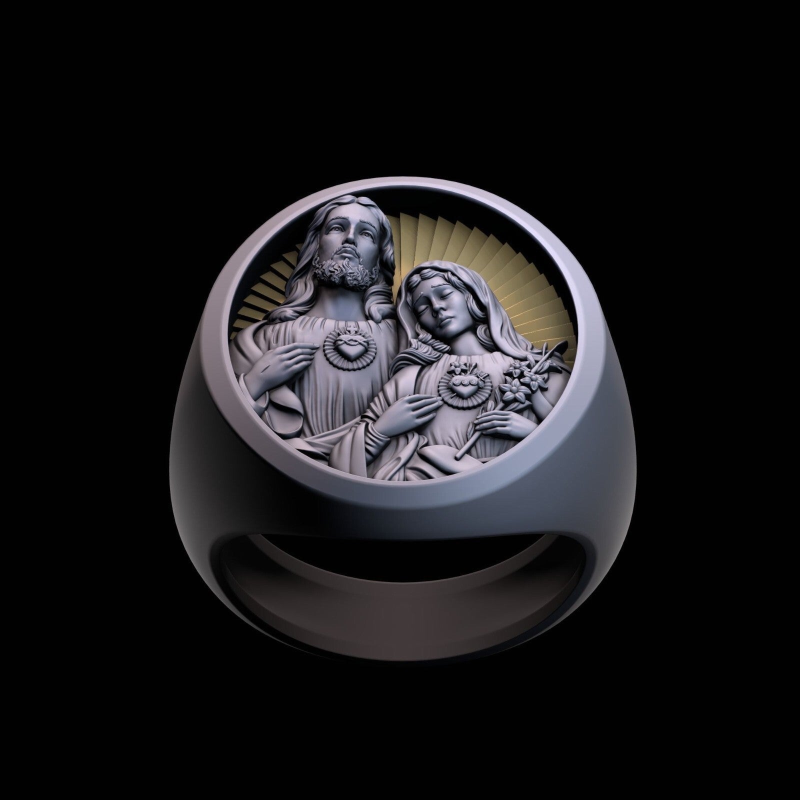 Mens Signet Ring Mother Mary Jesus Christ Sacred Heart US 7-15 Religious Jewelry