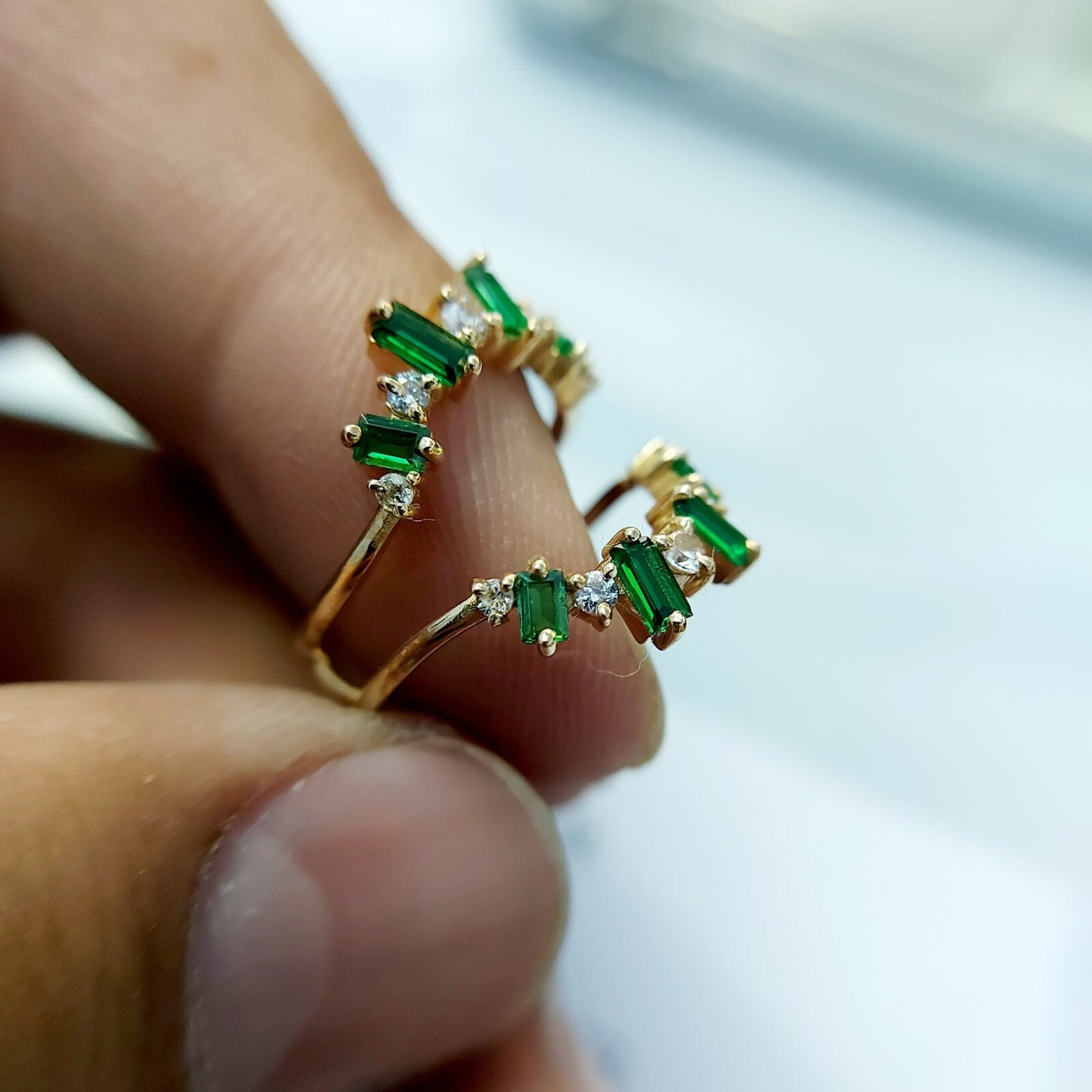 Emerald Baguette Ring Gemstone Set 925 Silver Ring Handmade Wedding Band US5~15