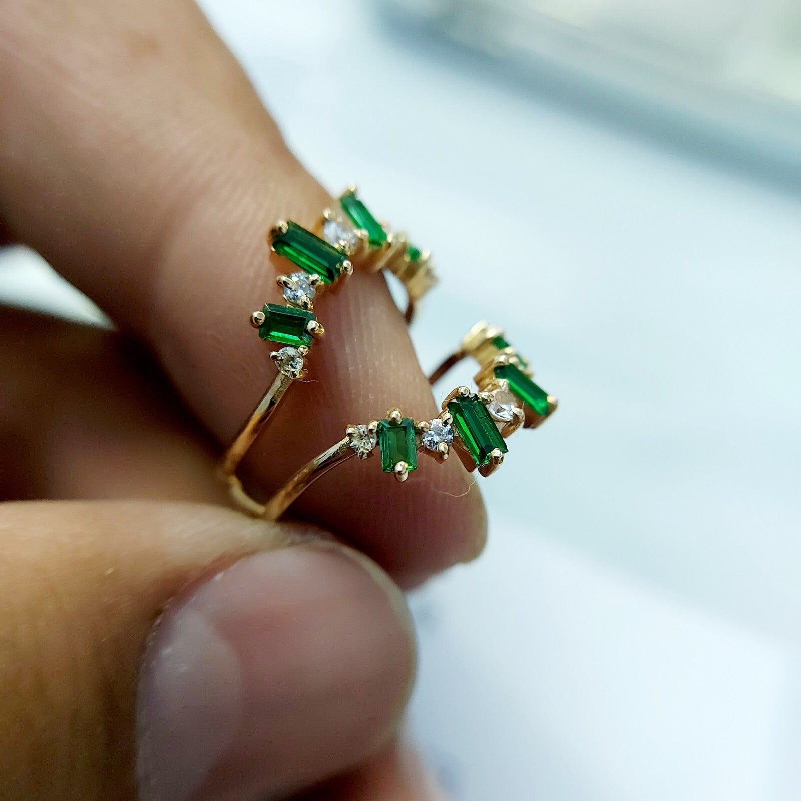 Emerald Baguette Ring Gemstone Set 925 Silver Ring Handmade Wedding Band US5~15