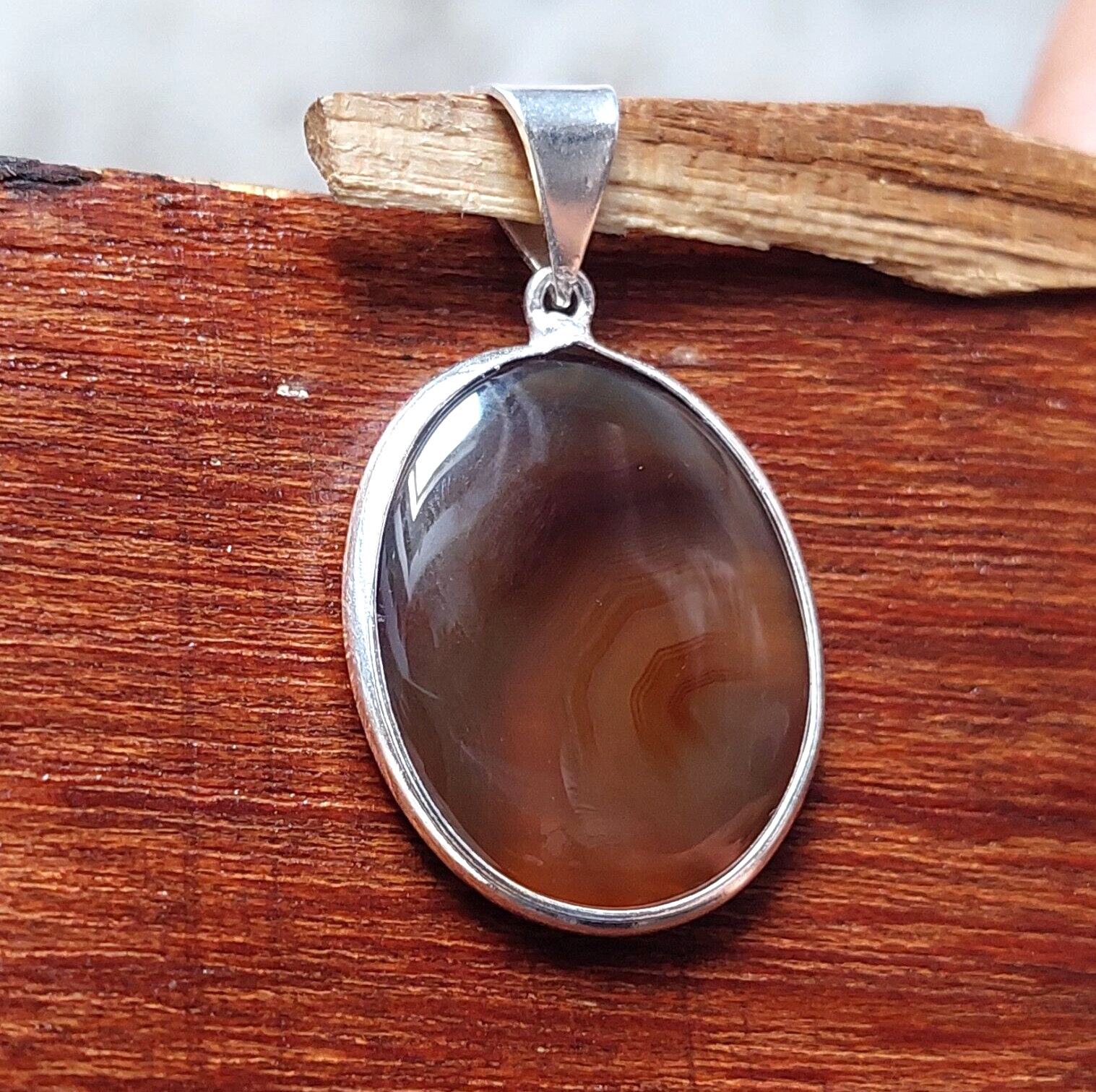 Round Banded Agate Handmade Sterling Silver Pendant Necklace Unique Gift for Her