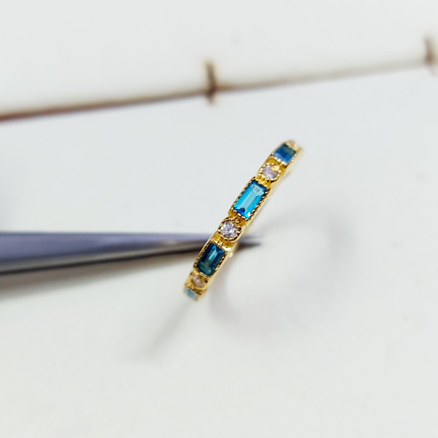 Lab Created Half Eternity Silver Band Aquamarine Baguette Cut Women Ring Us5~ 15