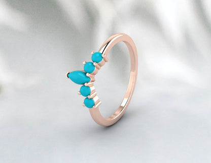 Natural Pear Turquoise Crown Wedding Band Fine Silver Stacking Matching Band