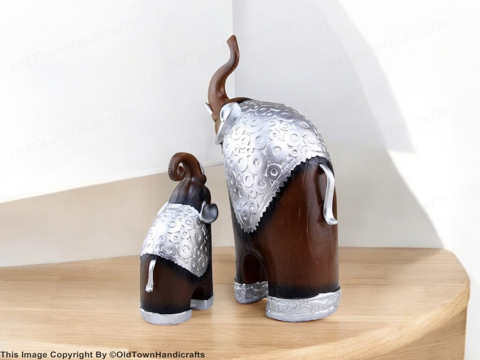 Thai Style Elephant Figurines Mother Child Feng Shui Set Resin Home Decor Brown