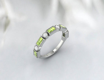 Natural Baguette Cut Peridot & Cubic Zirconia Half Eternity Fine Silver Band