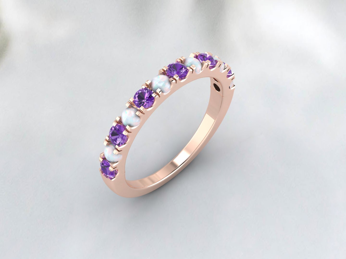 Natural Round Opal And Amethyst Half Eternity Band Fine Silver Wedding Band