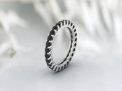 Natural Round Black Onyx Band Eternity Stacking Promise Fine Silver Band