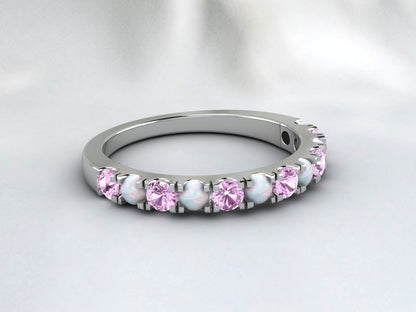 Natural Round Opal And Pink Sapphire Half Eternity Band Fine Silver Wedding Band