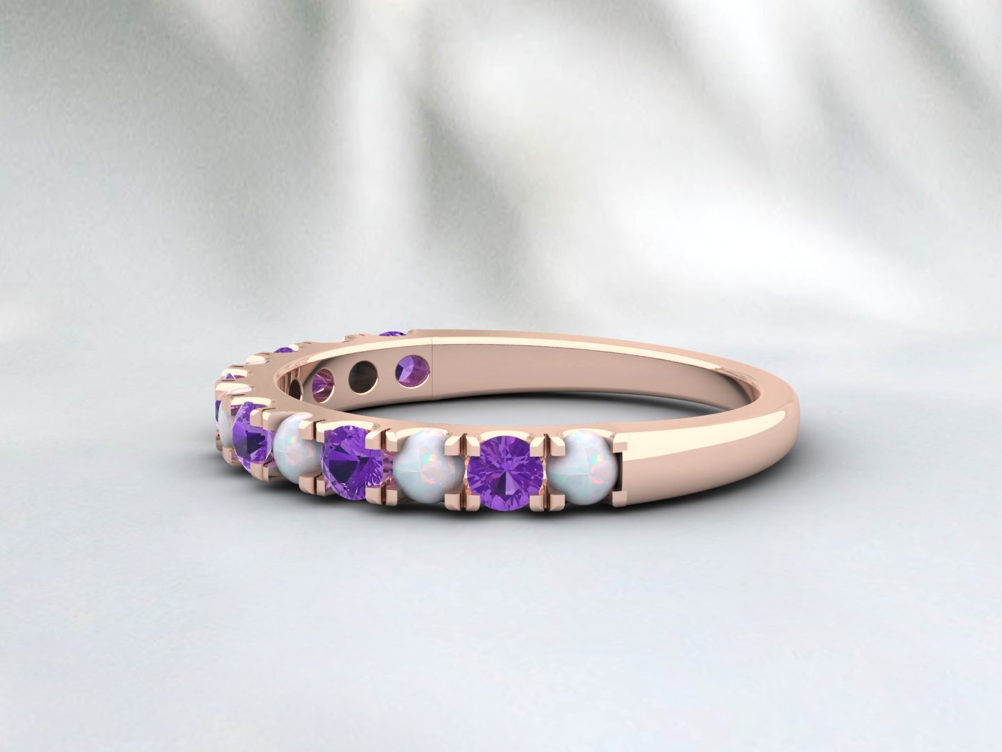 Natural Round Opal And Amethyst Half Eternity Band Fine Silver Wedding Band