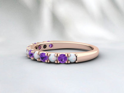 Natural Round Opal And Amethyst Half Eternity Band Fine Silver Wedding Band