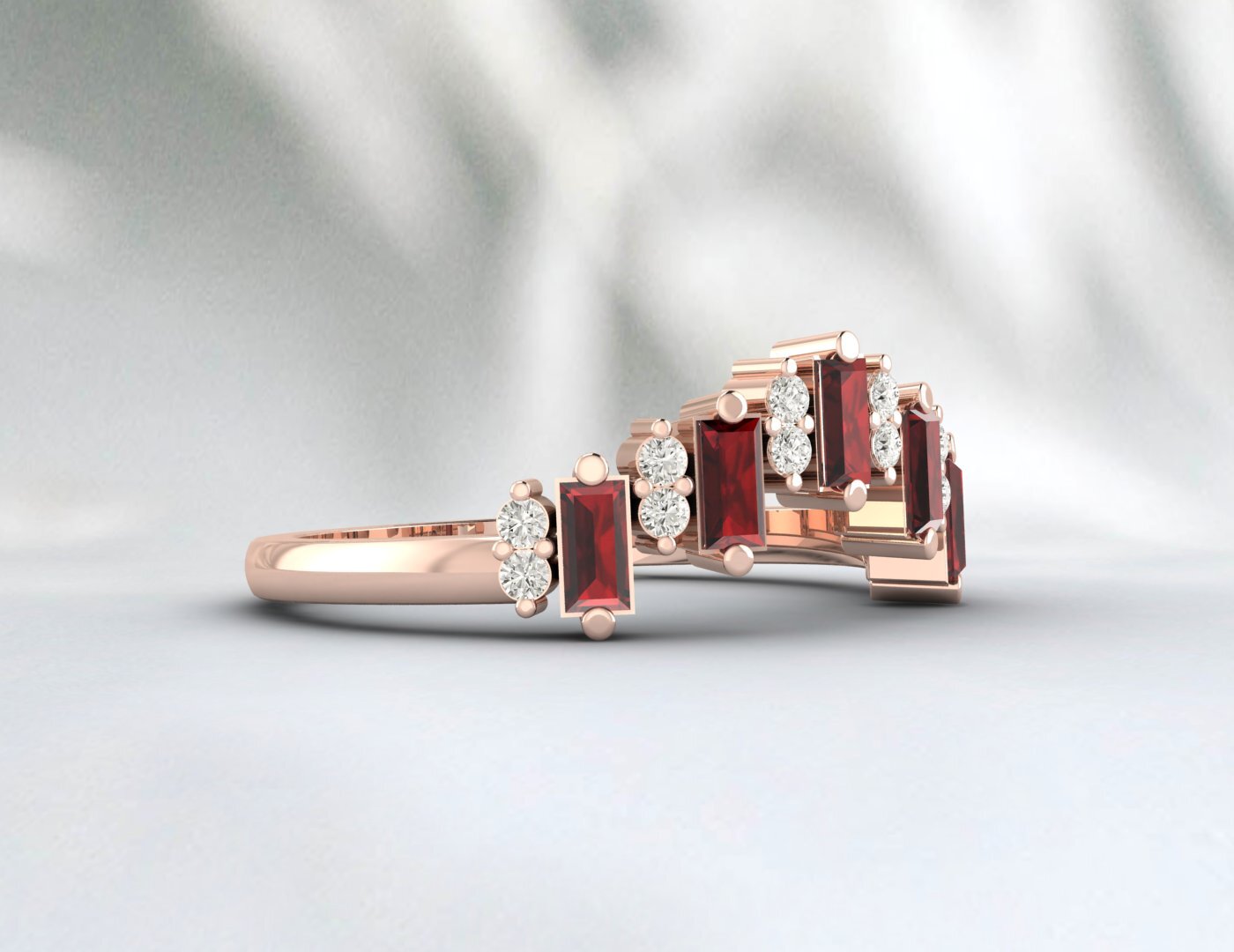 Natural Baguette Red Garnet Crown Wedding Band Fine Silver Daimond Stacking Band