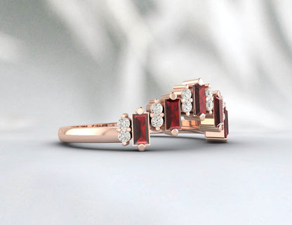 Natural Baguette Red Garnet Crown Wedding Band Fine Silver Daimond Stacking Band