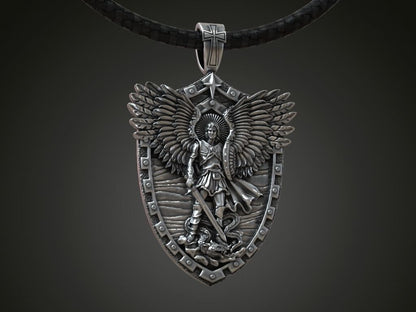 Saint Archangel Michael Serpent Shield Wings Sword Silver Pendant St Michael