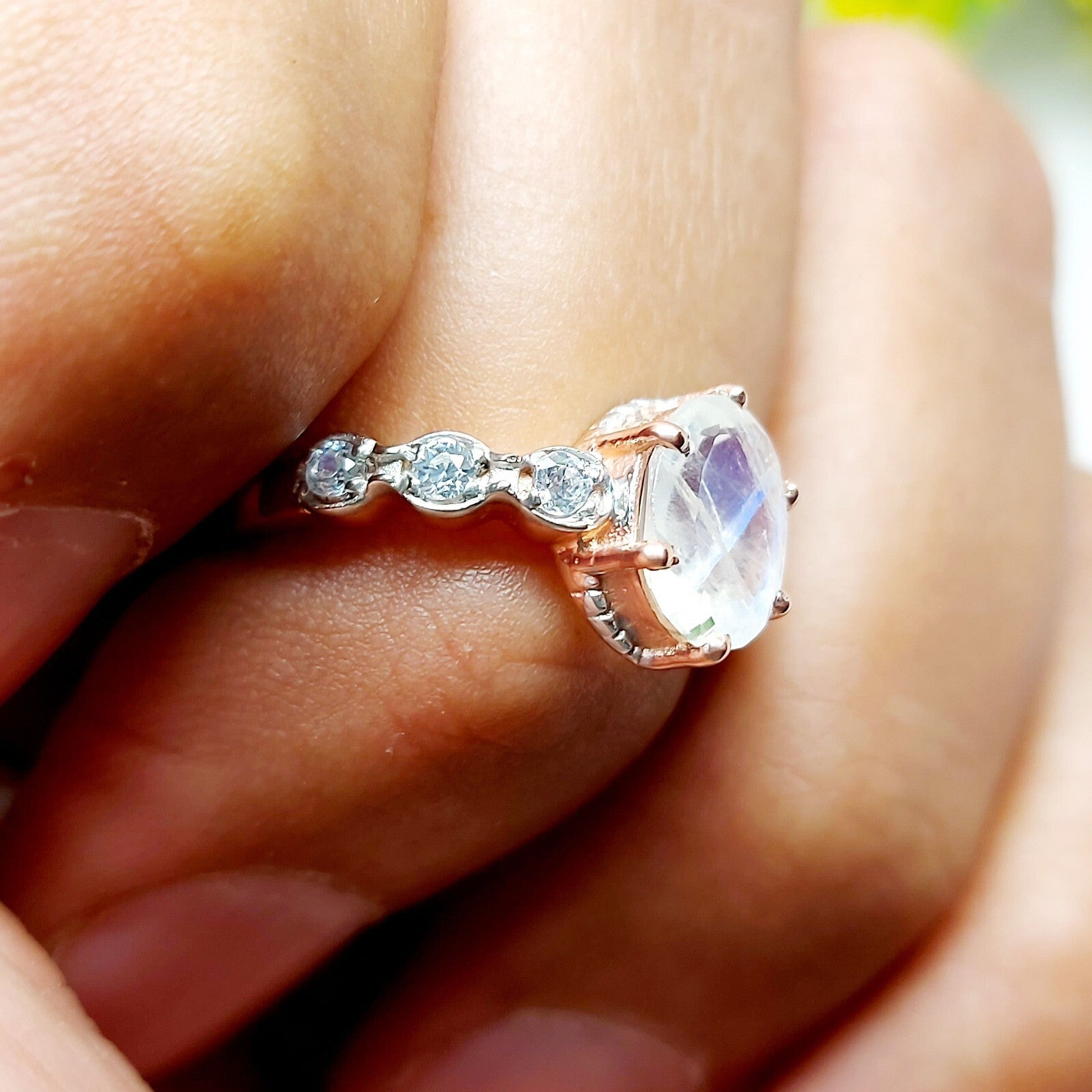 Natural Oval Cut Fire Moonstone Ring 925 Sterling Silver ArtDeco Engagement Ring