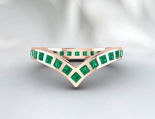 Princess Cut Emerald Green Wedding Band Fine Silver Lab Created Curved Band