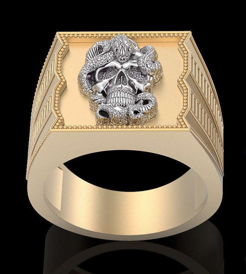 Gothic Skull Snake Brass Ring Punk Biker Retro Jewelry Unisex US5~15 Available