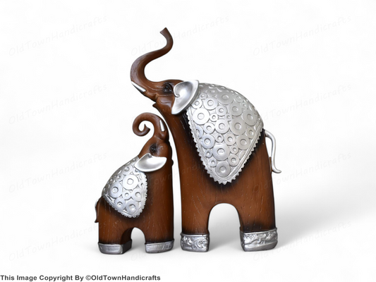 Thai Style Elephant Figurines Mother Child Feng Shui Set Resin Home Decor Brown