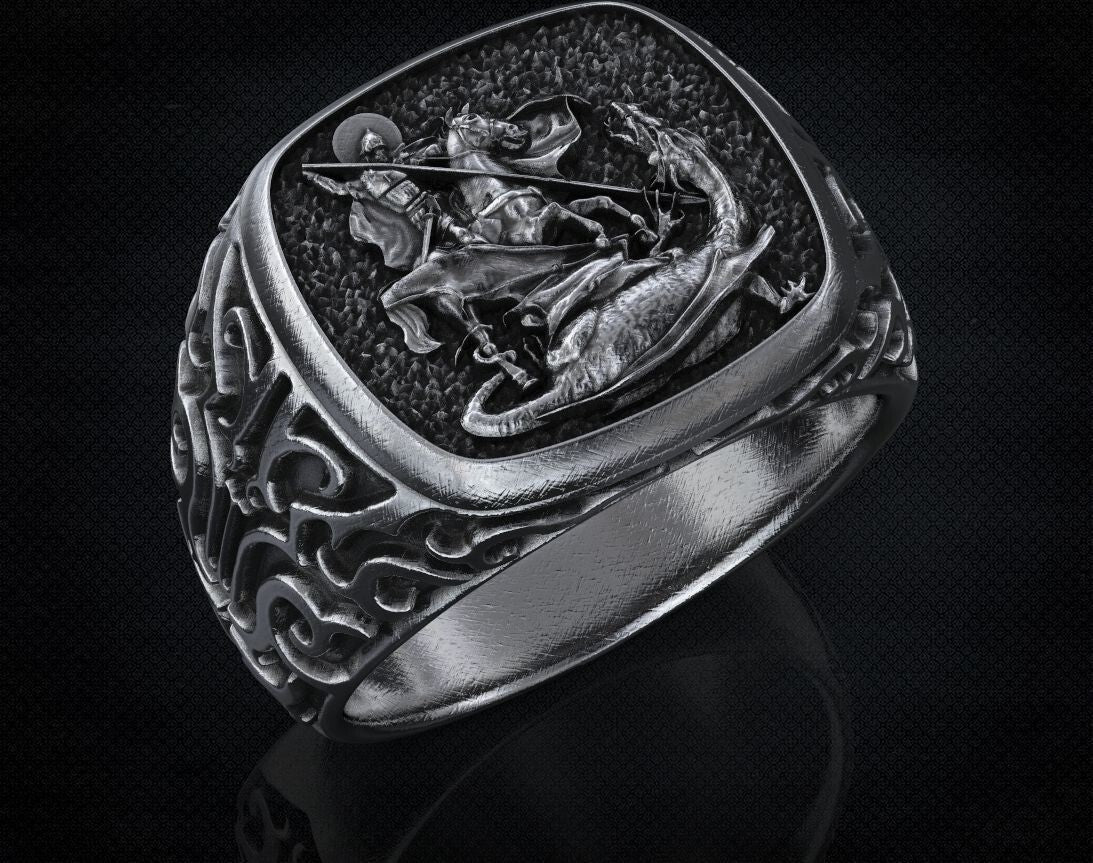 St Saint Michael Archangel Ring Sterling Silver Signet US5-15 Protection Unisex