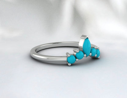 Natural Pear Turquoise Crown Wedding Band Fine Silver Stacking Matching Band